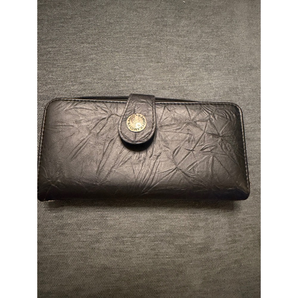 B. Amici Black Crinkle Vegan Leather Continental Wallet Organizer Snap Closure